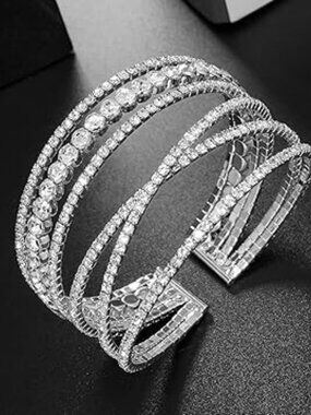 Multi Layer Crystal Cuff Bracelet Silver Tone  Lots of Rhinestones
